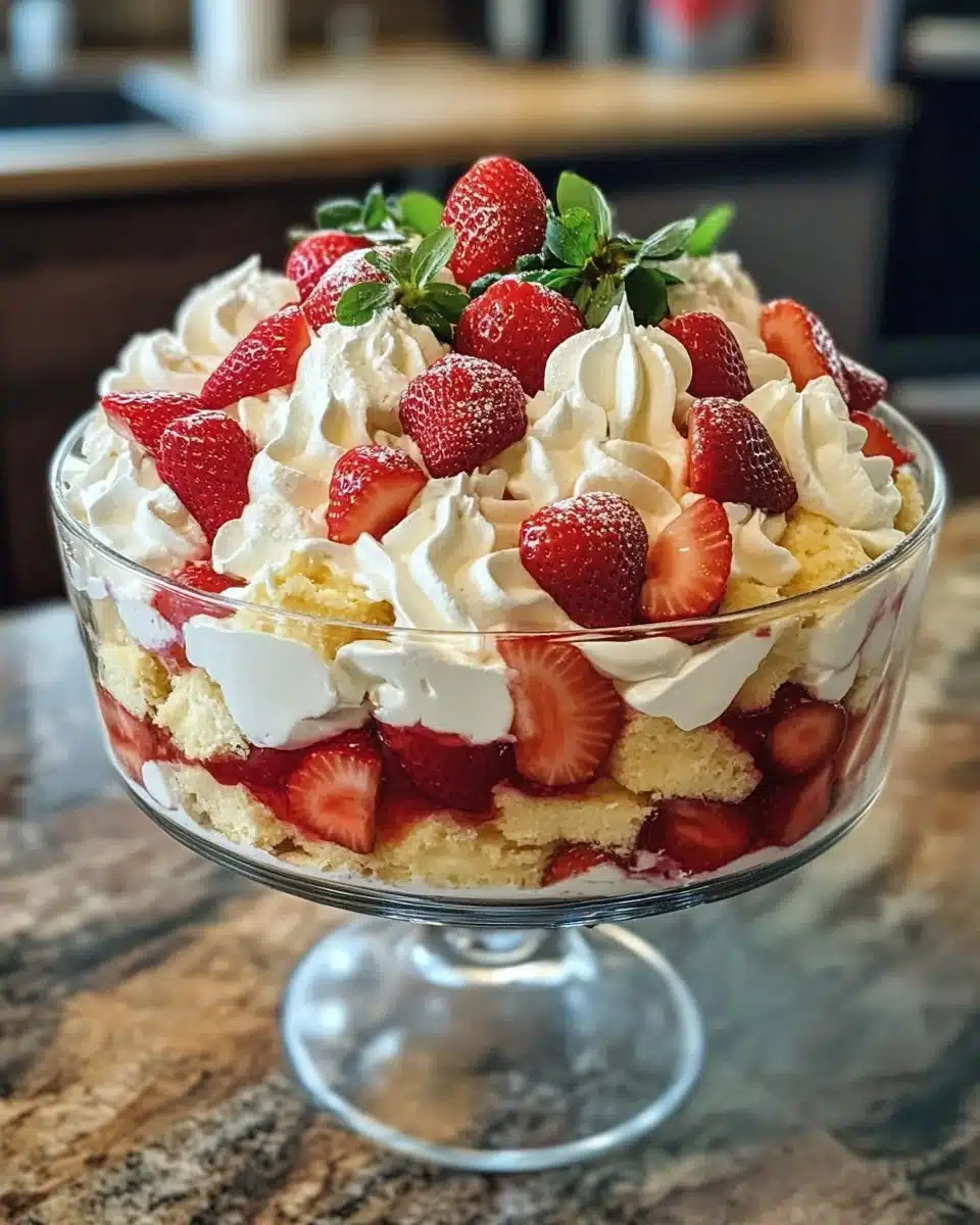 Strawberry Shortcake Trifle with layers of strawberries, cream, and cake