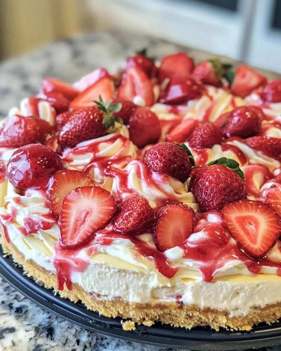 Delicious homemade strawberry swirl cheesecake garnished with fresh strawberries