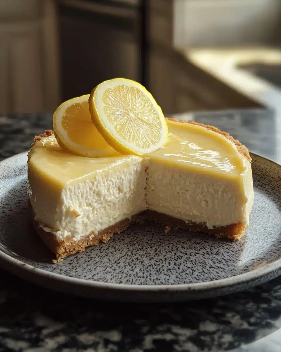 Easiest lemon cheesecake topped with fresh lemon zest and berries
