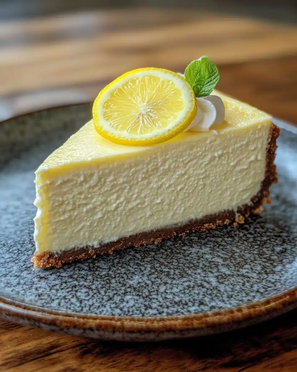 Slice of ultimate creamy lemon cheesecake topped with lemon zest and berries