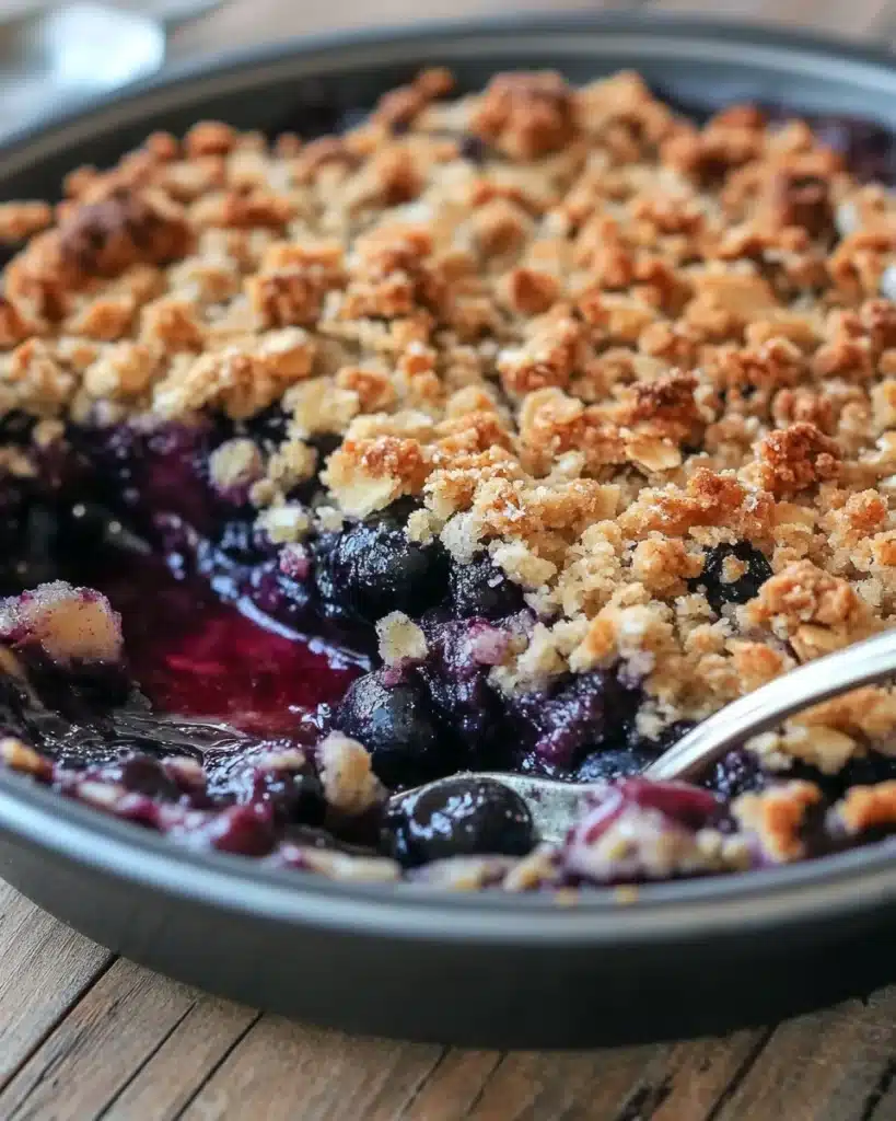 Healthy blueberry crumble served in a bowl with fresh blueberries and oats.