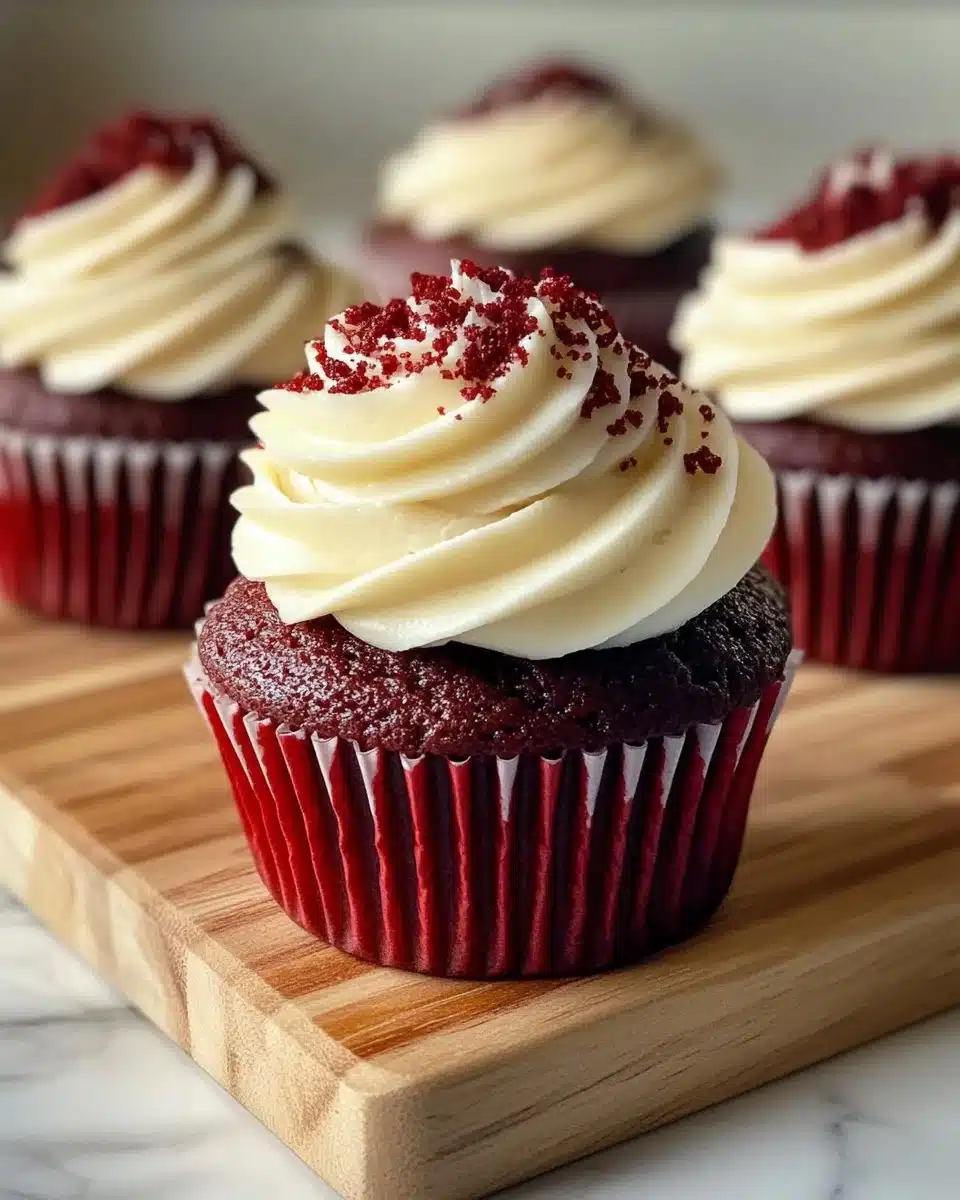 Delicious red velvet cheesecake cupcakes with frosting on a plate