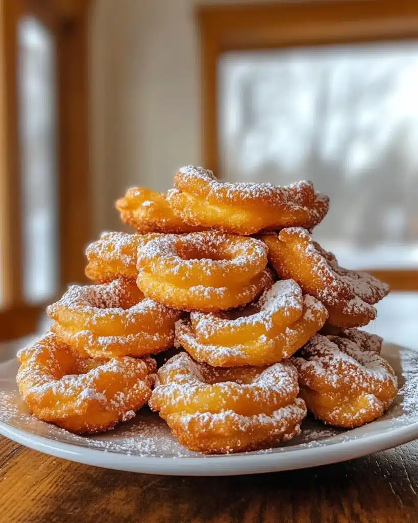 A plate of crispy funnel cake bites dusted with powdered sugar.