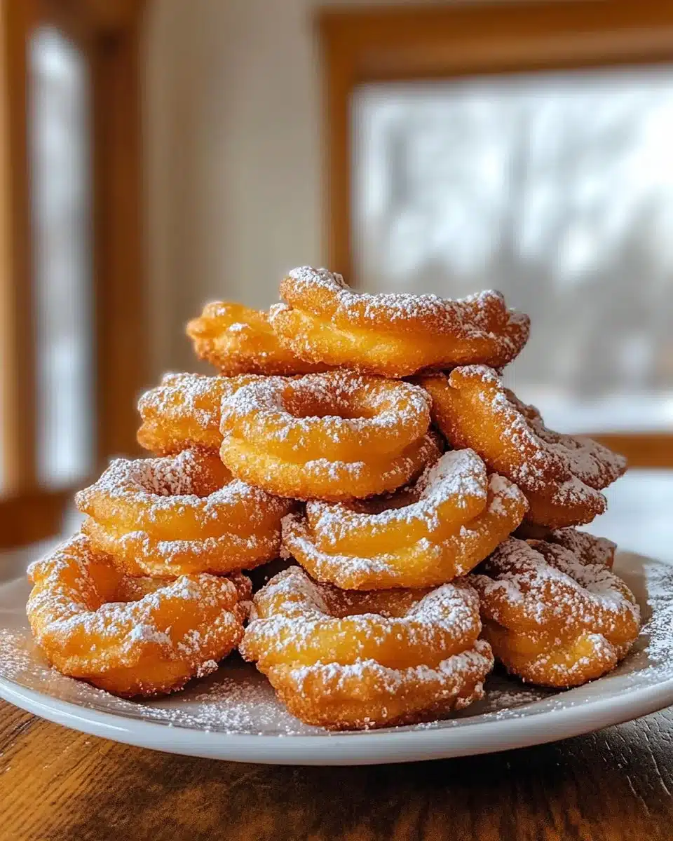 A plate of crispy funnel cake bites dusted with powdered sugar.
