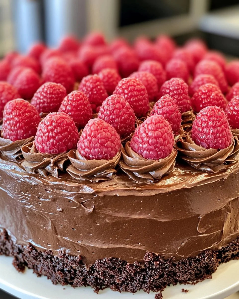 Decadent chocolate raspberry layer cake with rich frosting and fresh raspberries