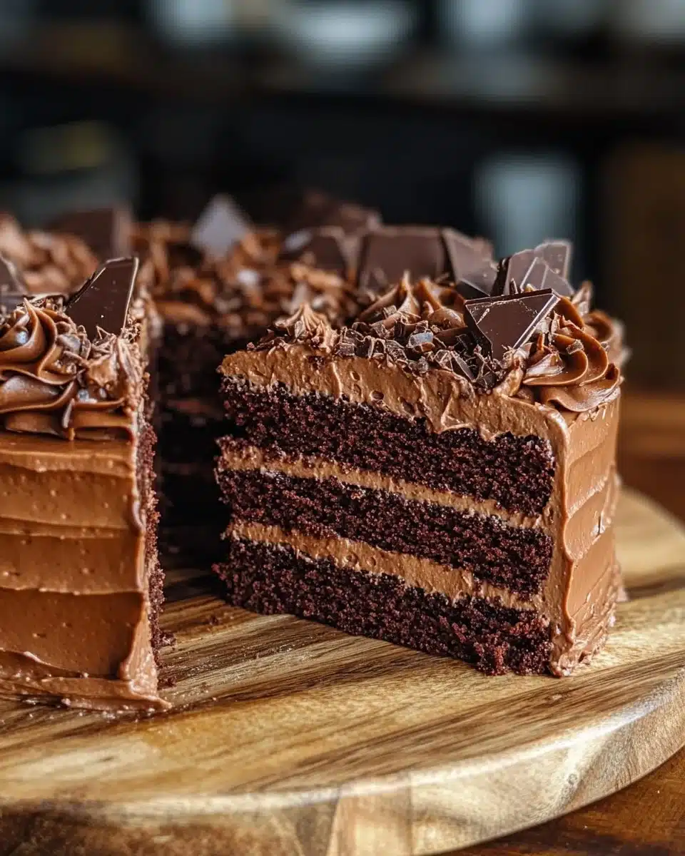Decadent triple chocolate layer cake topped with rich chocolate ganache.