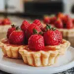 Delicious mini strawberry tartlets topped with fresh strawberries and cream