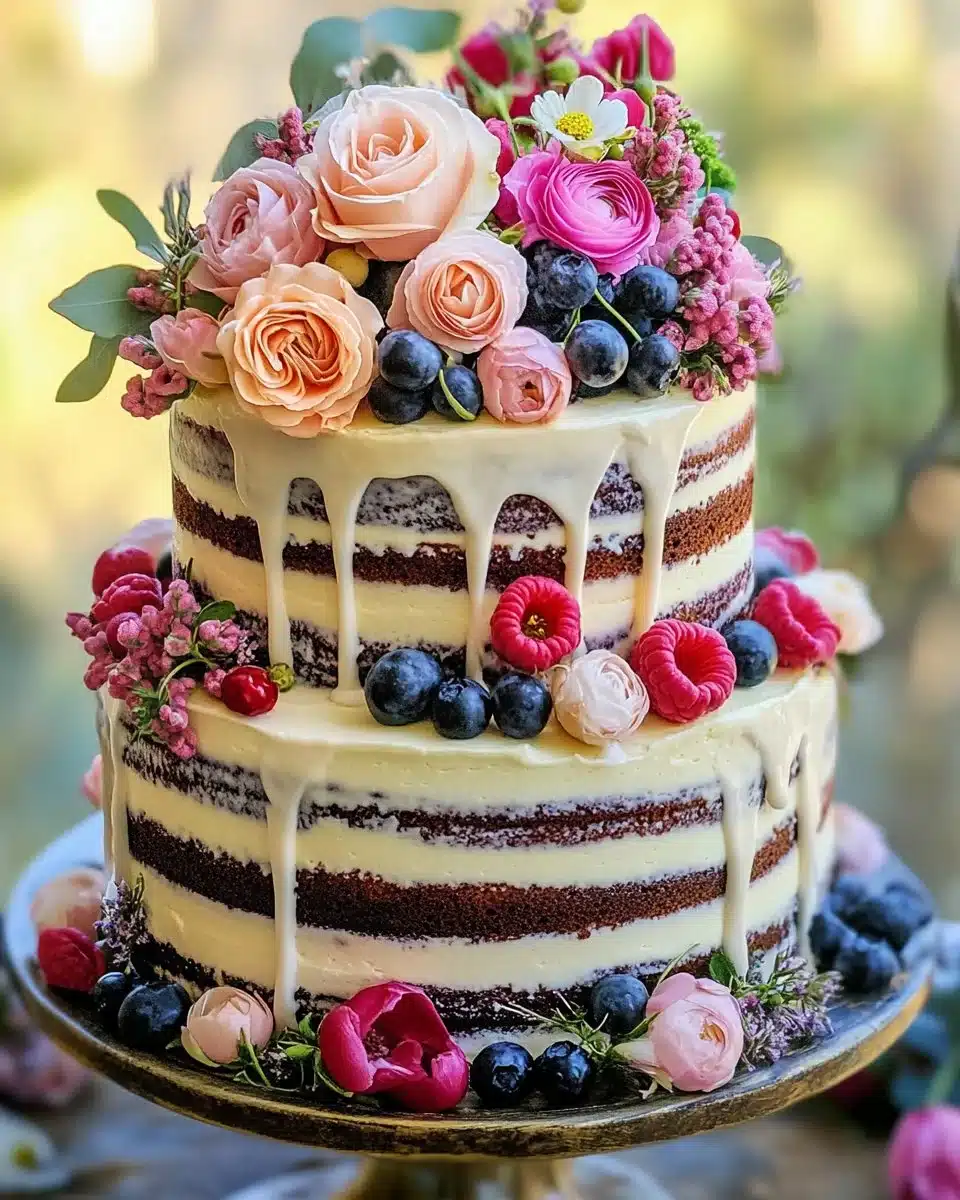 Deliciously decorated Dream Cake with layers of frosting and fresh fruits