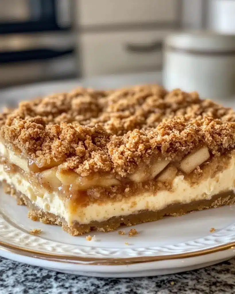 Creamy vegan apple crumble cheesecake topped with oats and cinnamon.