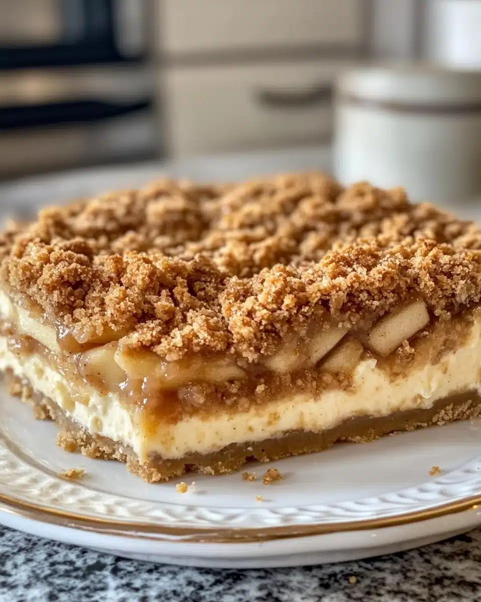 Creamy vegan apple crumble cheesecake topped with oats and cinnamon.