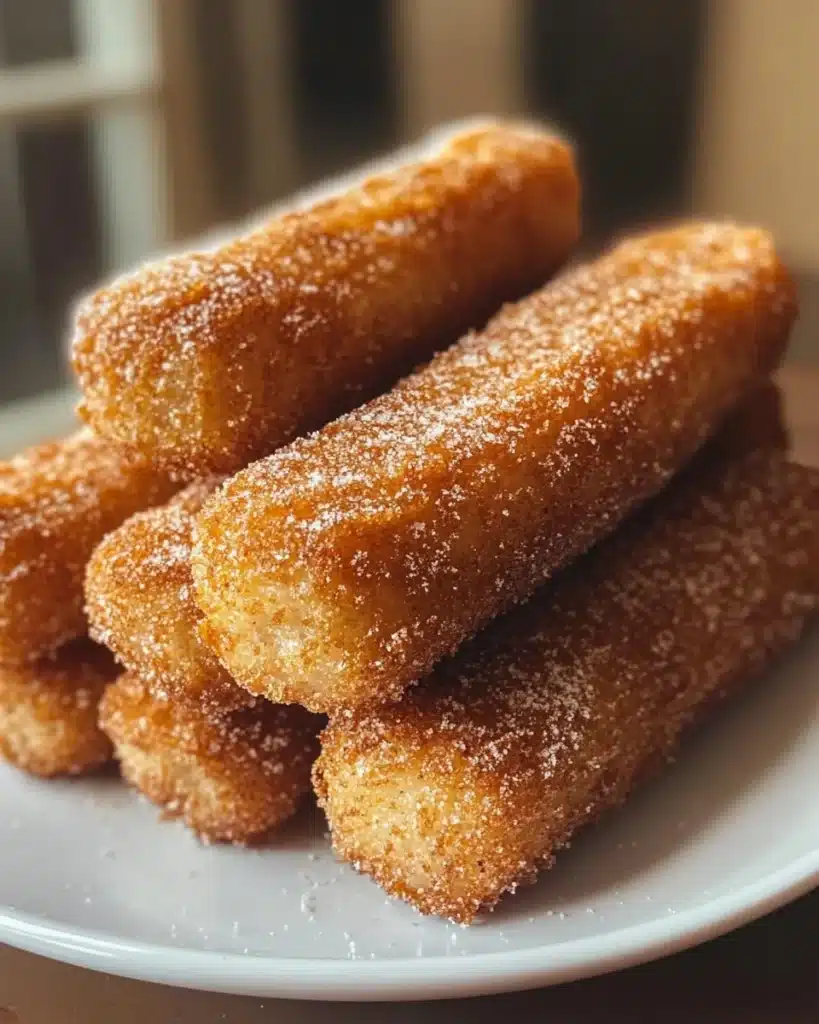 Fluffy air fryer churro bites topped with cinnamon sugar on a plate