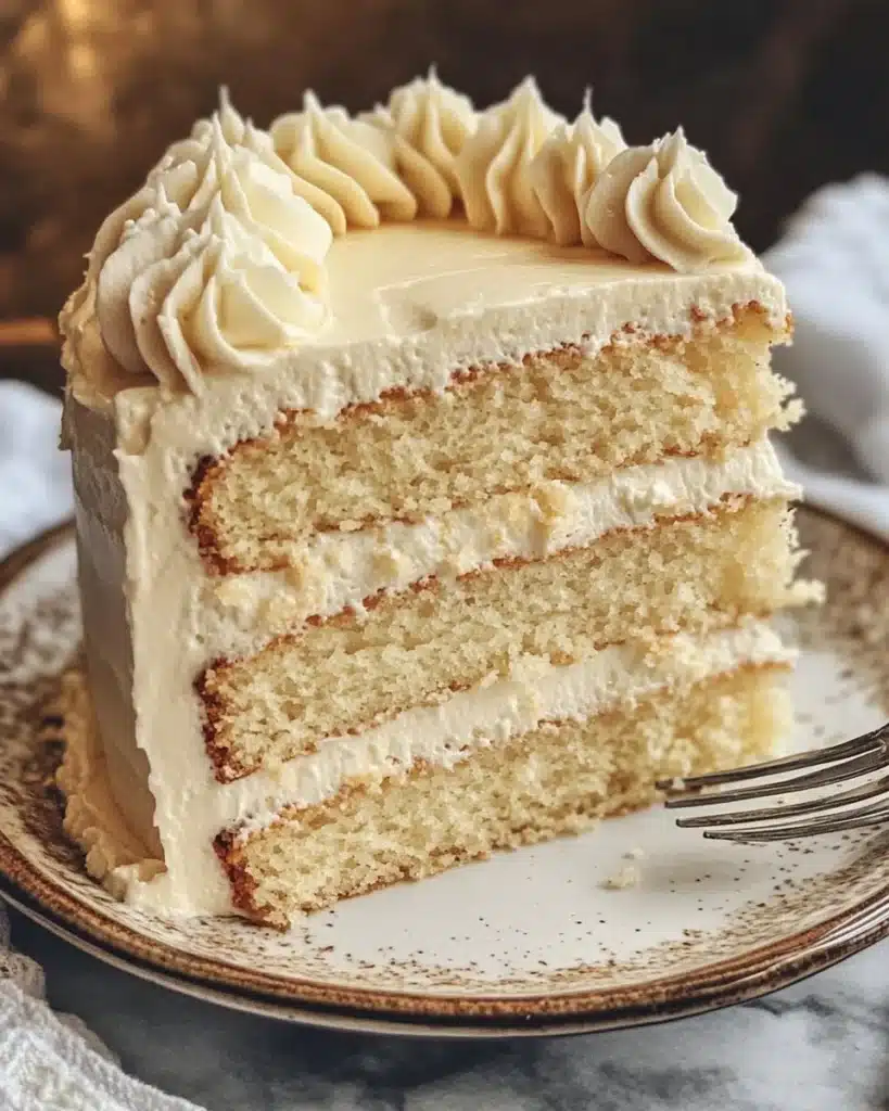 Fluffy vanilla cake with creamy buttercream frosting on a beautiful cake stand.