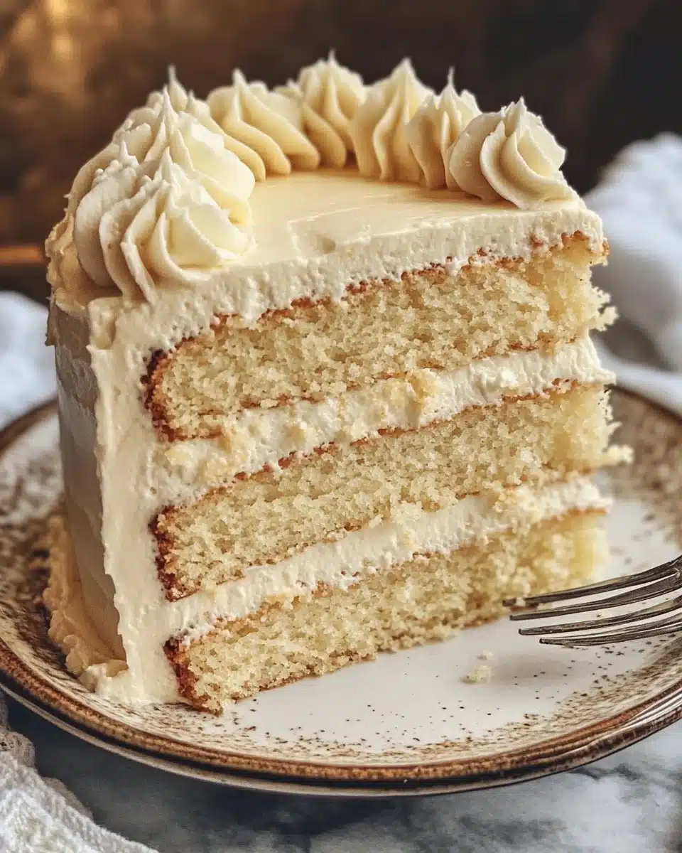 Fluffy vanilla cake with creamy buttercream frosting on a beautiful cake stand.