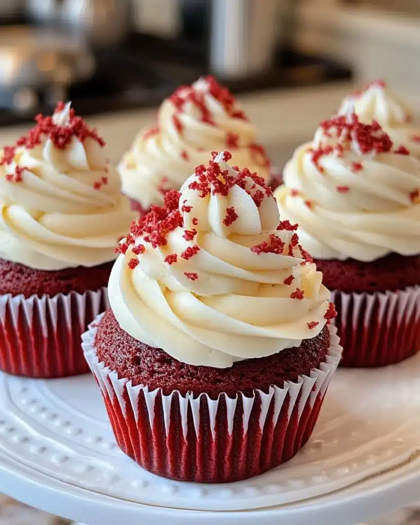 Delicious mini red velvet cakes with cream cheese frosting on a white platter