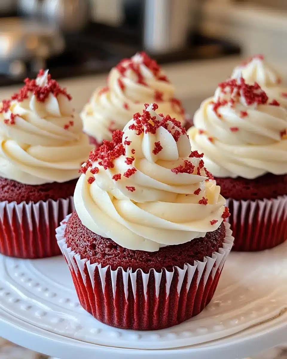 Delicious mini red velvet cakes with cream cheese frosting on a white platter