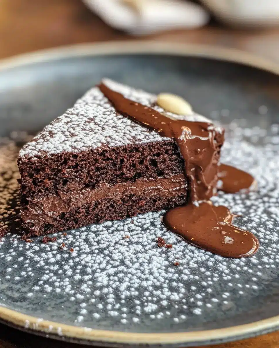Indulgent flourless chocolate cake topped with cocoa powder and berries