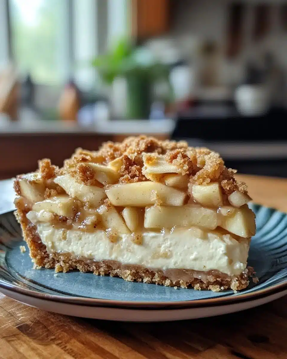 Delicious apple crisp cheesecake topped with a crunchy apple layer