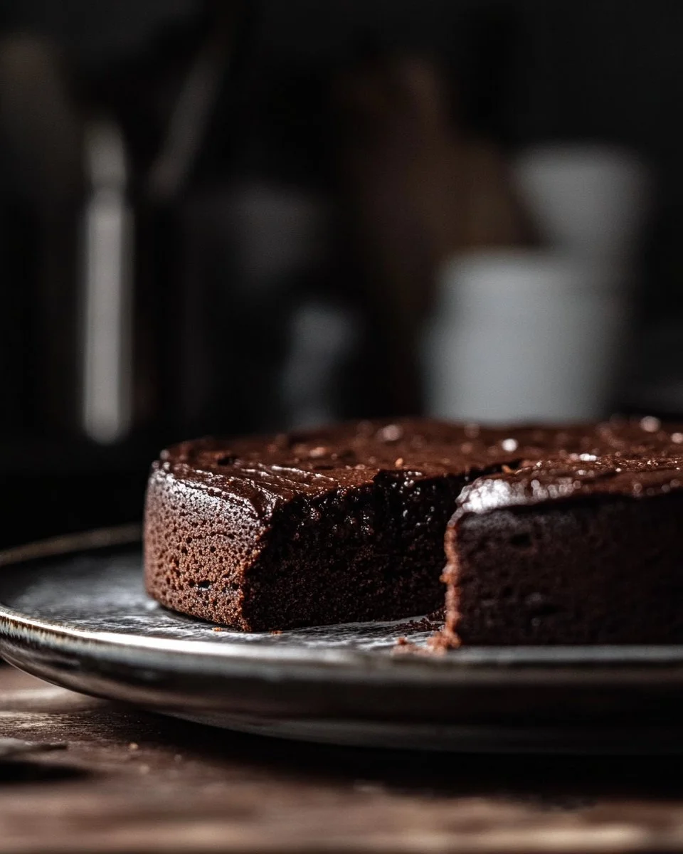Delicious gooey chocolate cake topped with melted chocolate and served on a plate