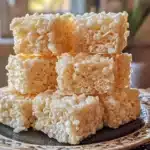 No-bake coconut rice Krispy treats on a serving plate