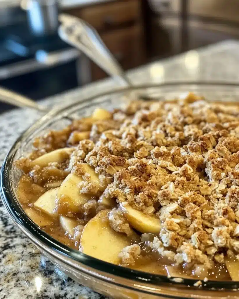 Delicious old-fashioned apple crisp served warm with ice cream.