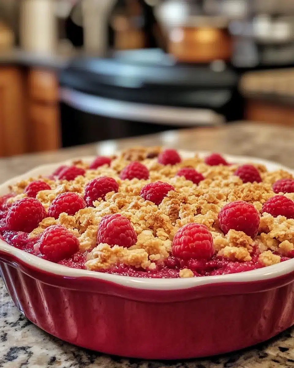 Delicious Raspberry Crumble dessert topped with fresh raspberries