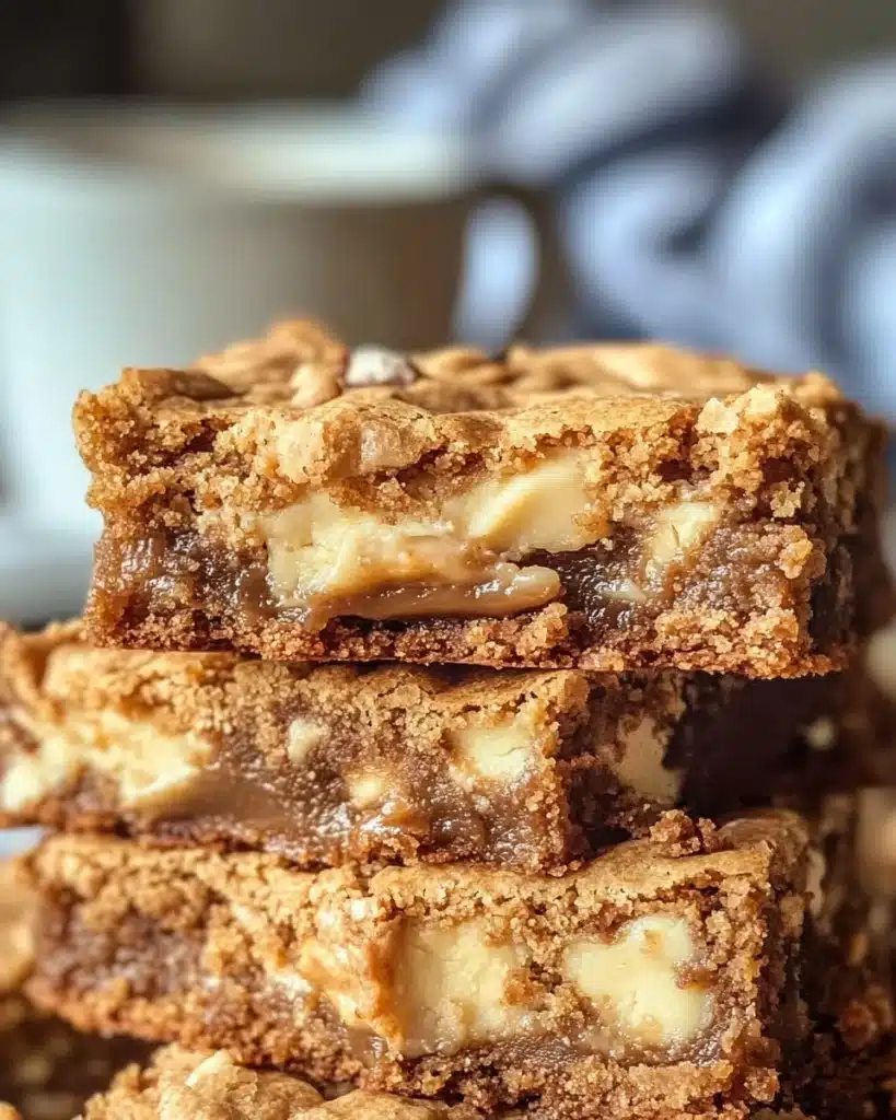 Delicious white chocolate caramel blondies on a plate