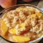 5-minute single-serve peach cobbler in a bowl, topped with ice cream