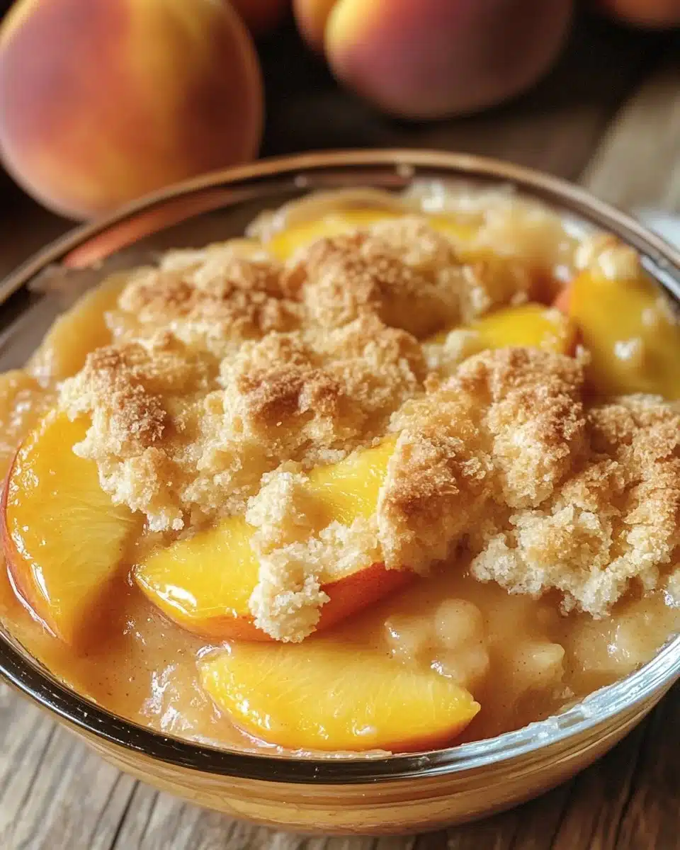 5-minute single-serve peach cobbler in a bowl, topped with ice cream