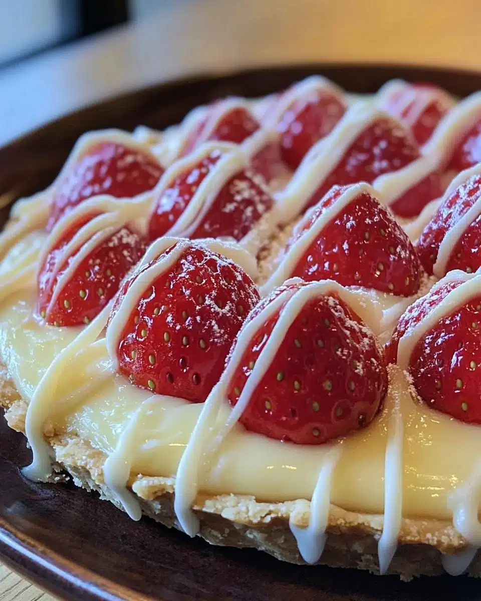 Delicious strawberry and white chocolate tart on a wooden table.