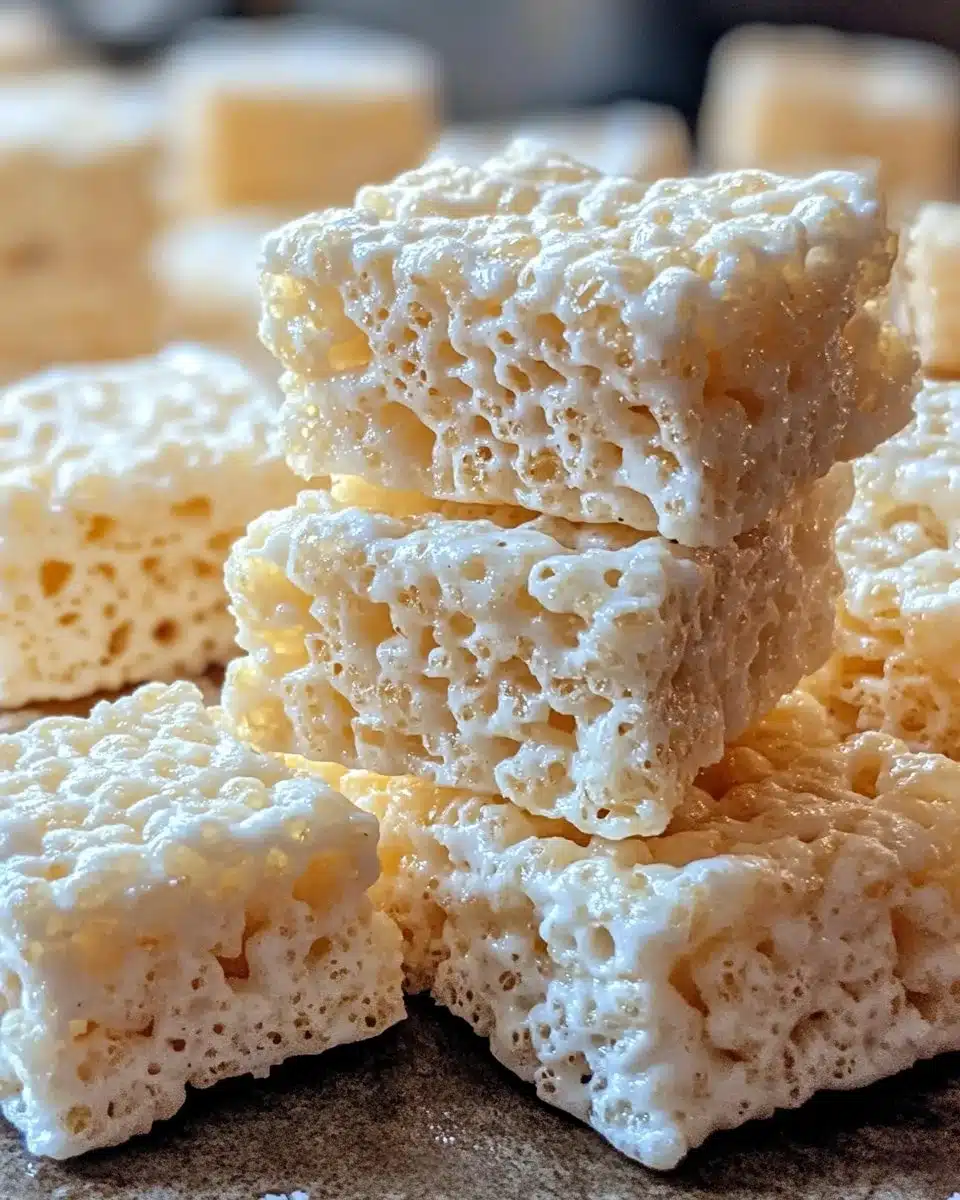 Delicious lemon rice krispies treats on a plate, garnished with lemon slices.