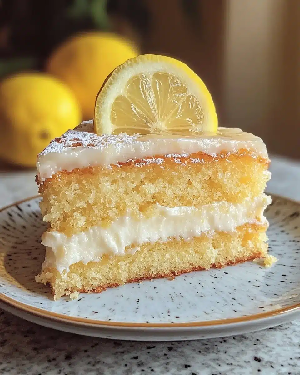 Deliciously moist lemon cake garnished with fresh lemon slices