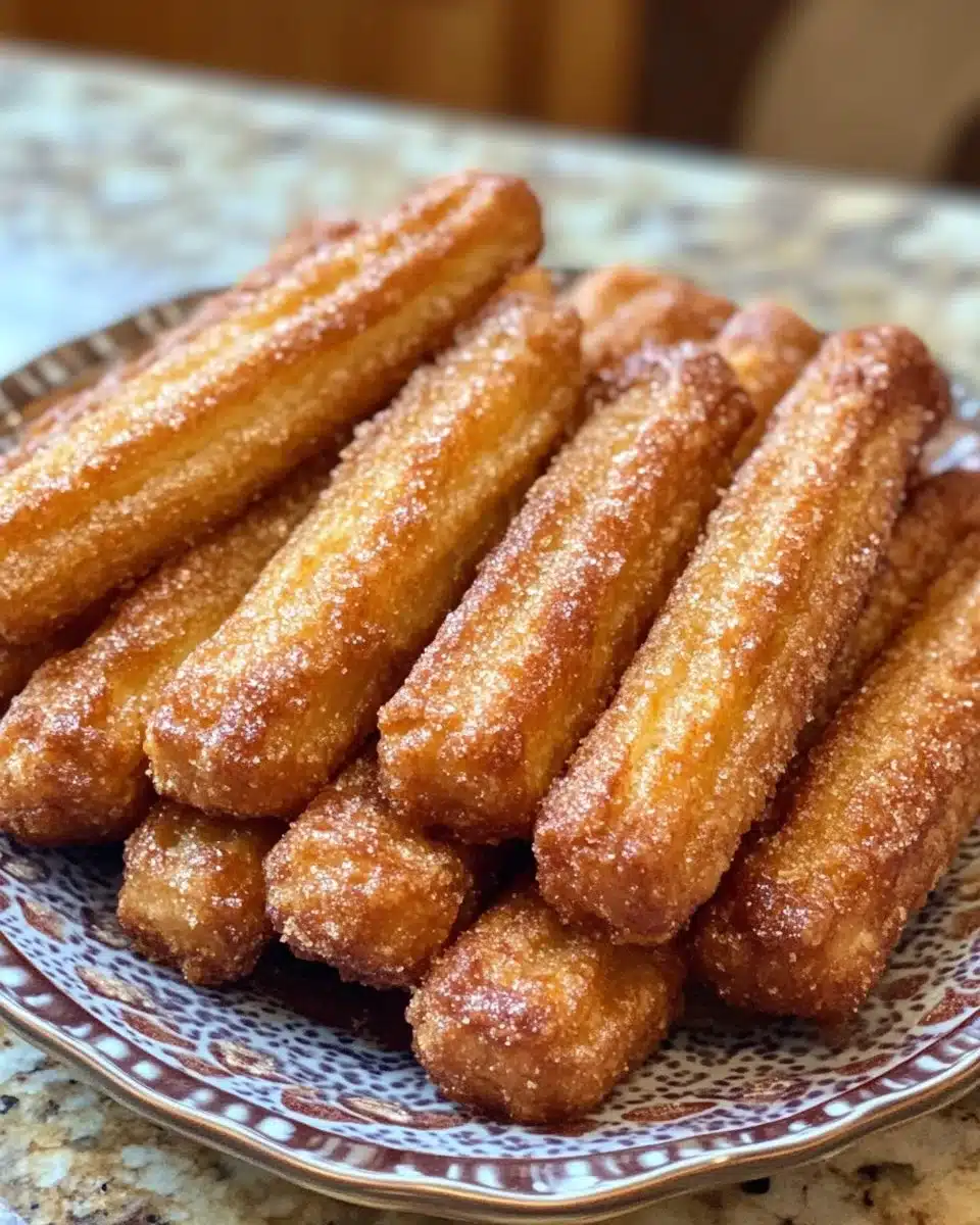 Crispy baked churro bites served on a plate with cinnamon sugar