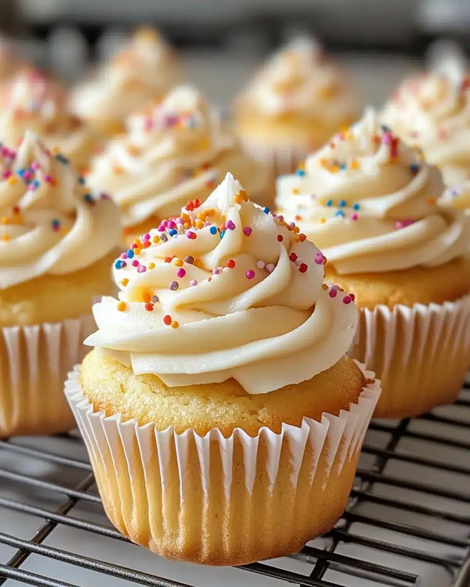 Moist gluten-free vanilla cupcakes topped with creamy frosting