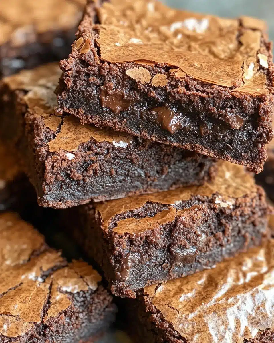 Freshly baked fudgy chewy brownies on a wooden table