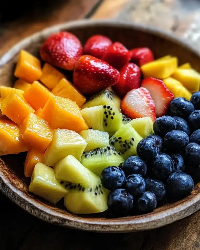 Colorful Hawaiian fruit salad with tropical fruits for a refreshing snack.