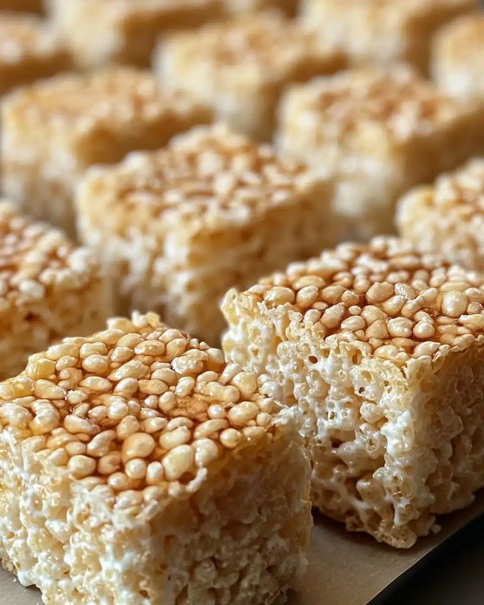 Perfectly shaped Rice Krispies Treats stacked on a plate