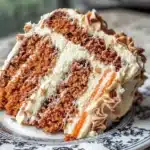 Delicious slice of moist carrot cake with cream cheese frosting