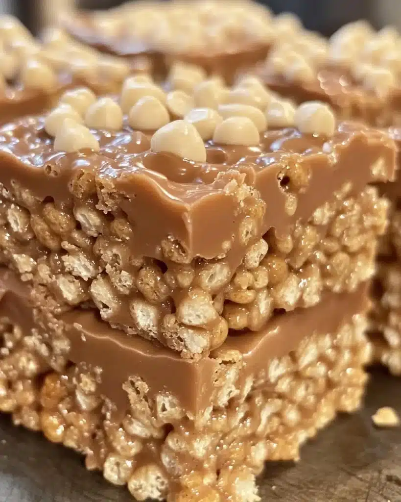 Delicious peanut butter rice Krispie treats stacked on a plate