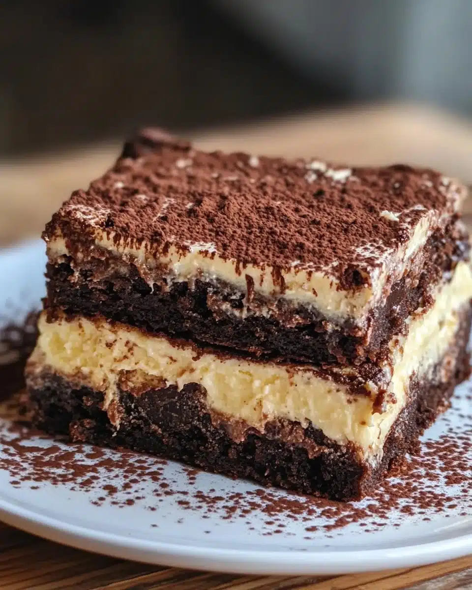 Delicious tiramisu brownies topped with coffee and cocoa for a rich dessert experience.