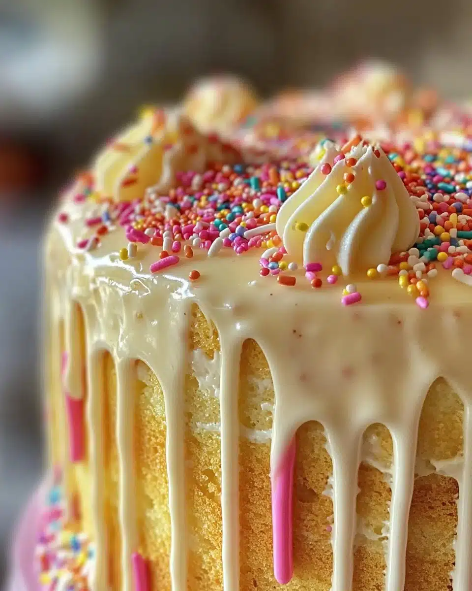 Ultimate vanilla cake with colorful sprinkles and white chocolate ganache frosting
