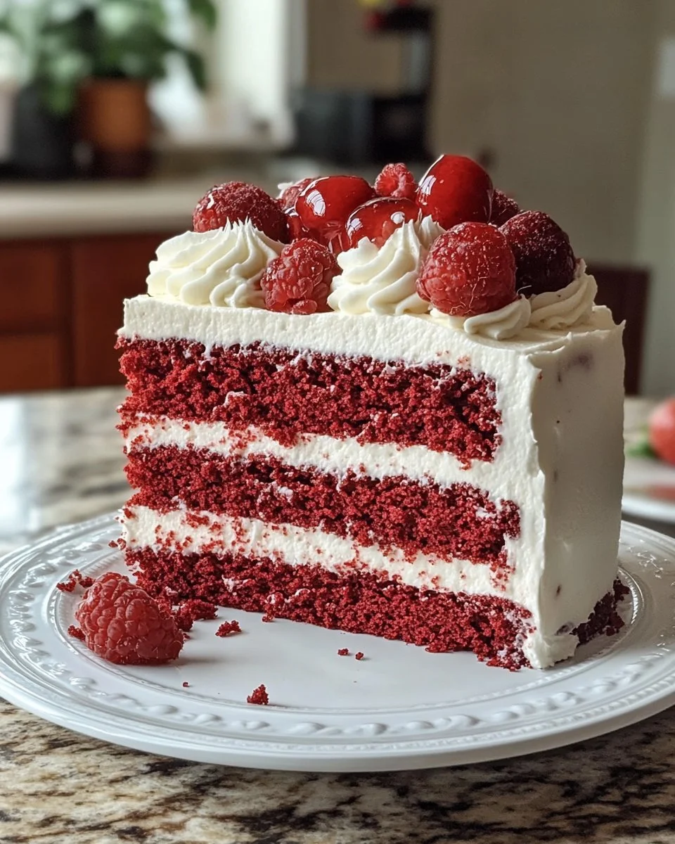 Delicious vegan red velvet cake slice on a plate with frosting