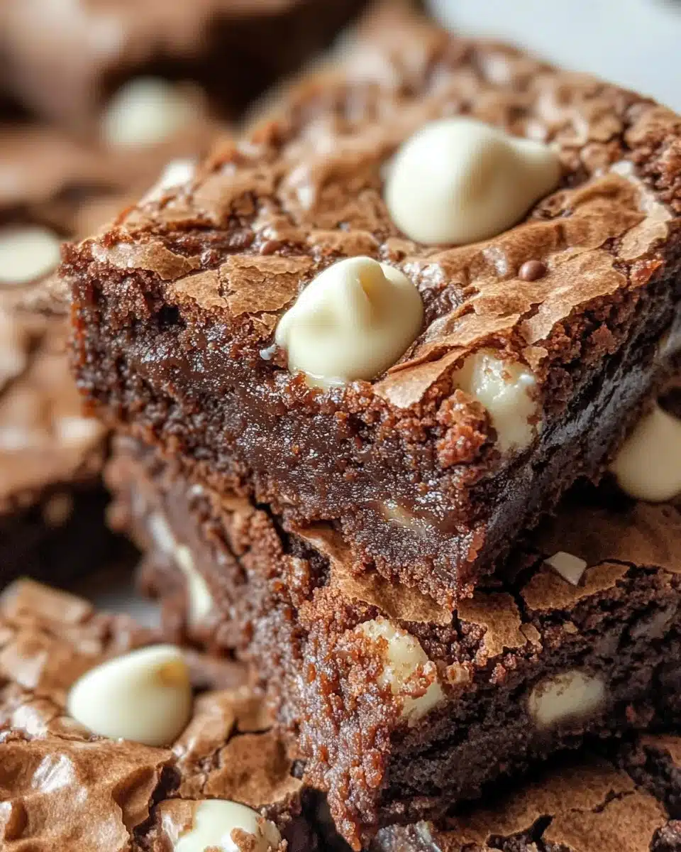 Chewy white chocolate brownies topped with rich white chocolate chunks