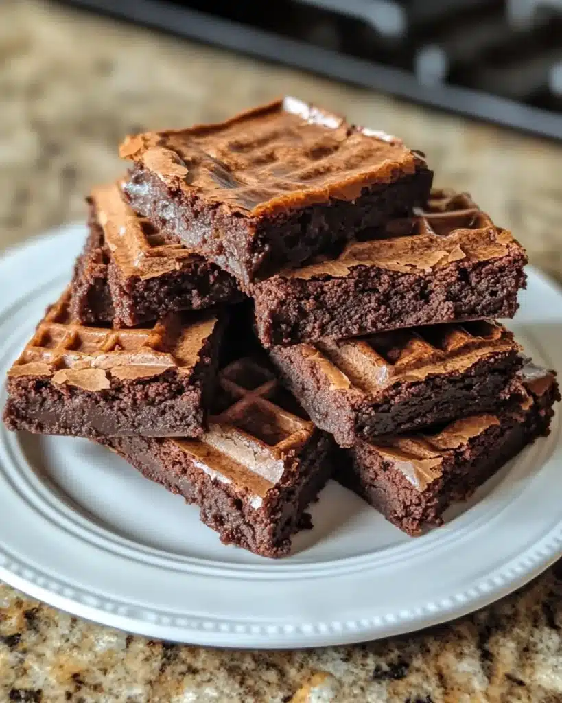 Warm waffle brownies served on a plate with chocolate drizzle.