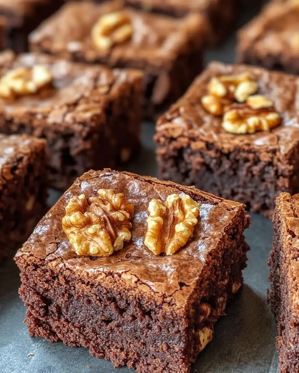 Delicious homemade walnut brownies topped with walnuts and chocolate.